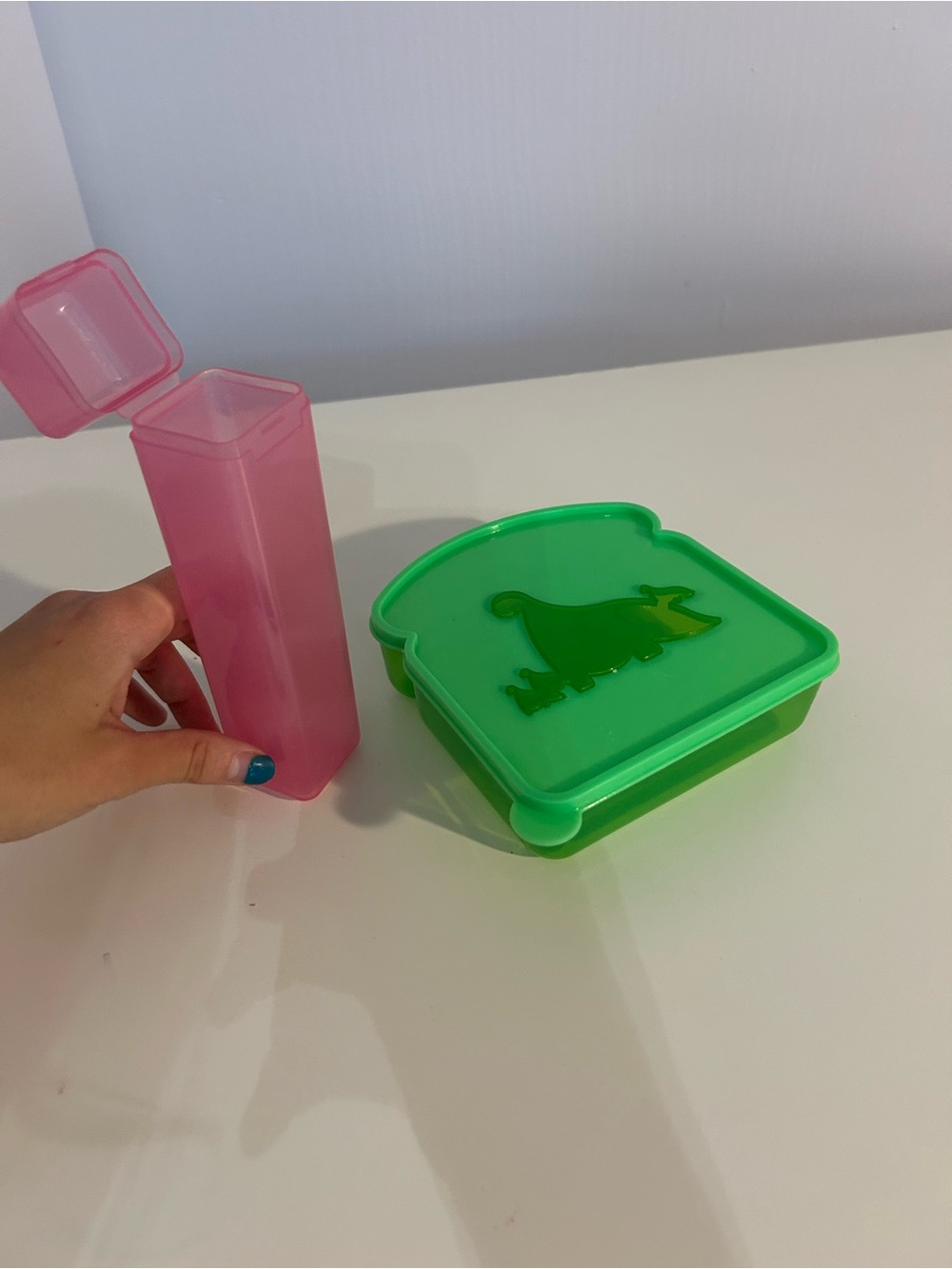 Green Sandwich Container with Pink Utensil Tube - Durable Food Storage